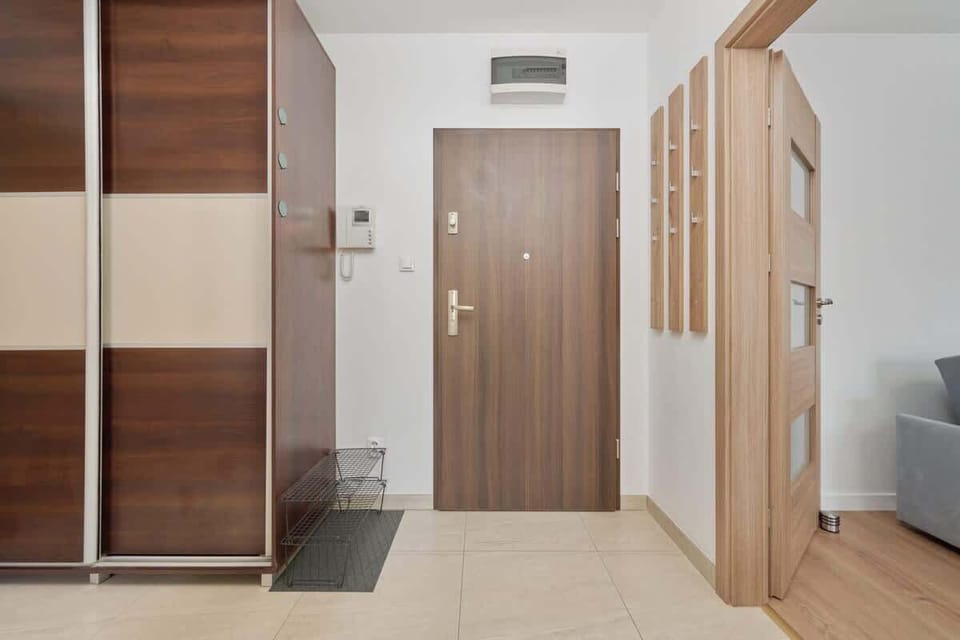 Hallway with wooden wardrobe, tiled floor, and modern entry door.
