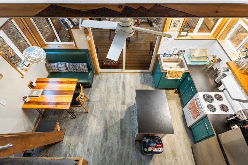 Bird's eye view of the kitchen from the sleeping loft