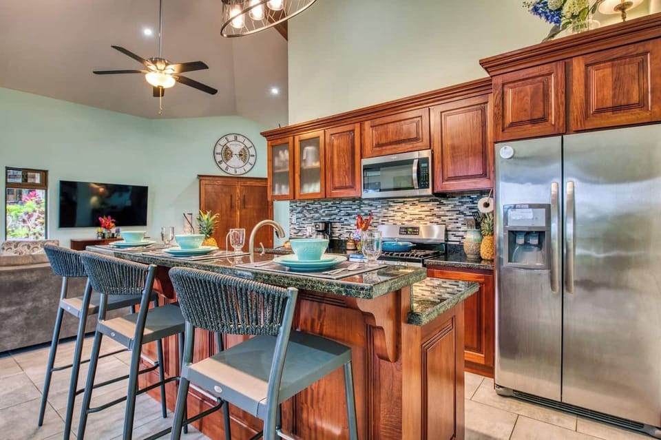 Chef's kitchen with a view of the lake.  It's the perfect spot to prepare meals for the whole gang.
