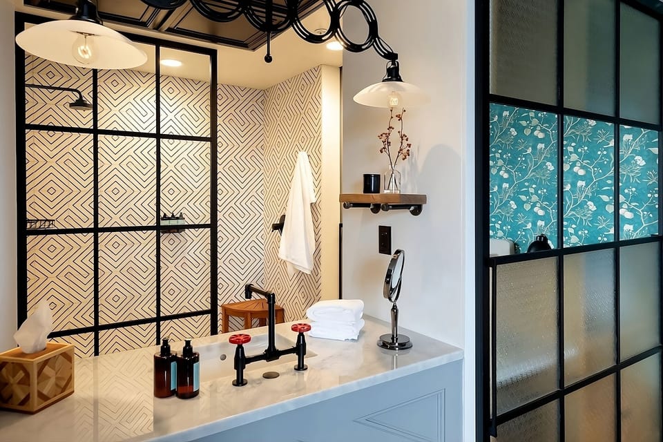 Step into the patterned shower for a rejuvenating rinse.