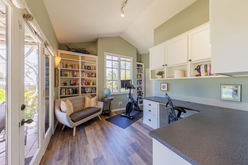 The study can be accessed from the patio or the family room