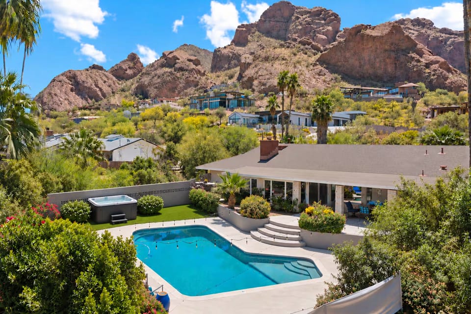 pool, spa, outdoor gathering areas backyard oasis & views of 3 mountain ranges
