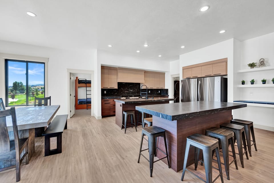 Full view of kitchen and dining