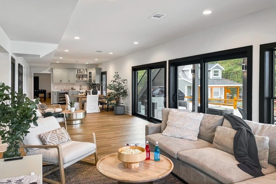 "Unwind in luxurious comfort with chic design and serene lake views."

