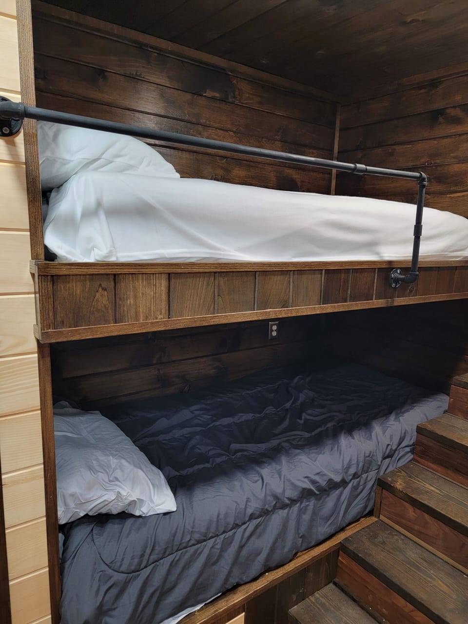 Built-in bunk beds, very strong with steps. Extra long twin mattress and thick