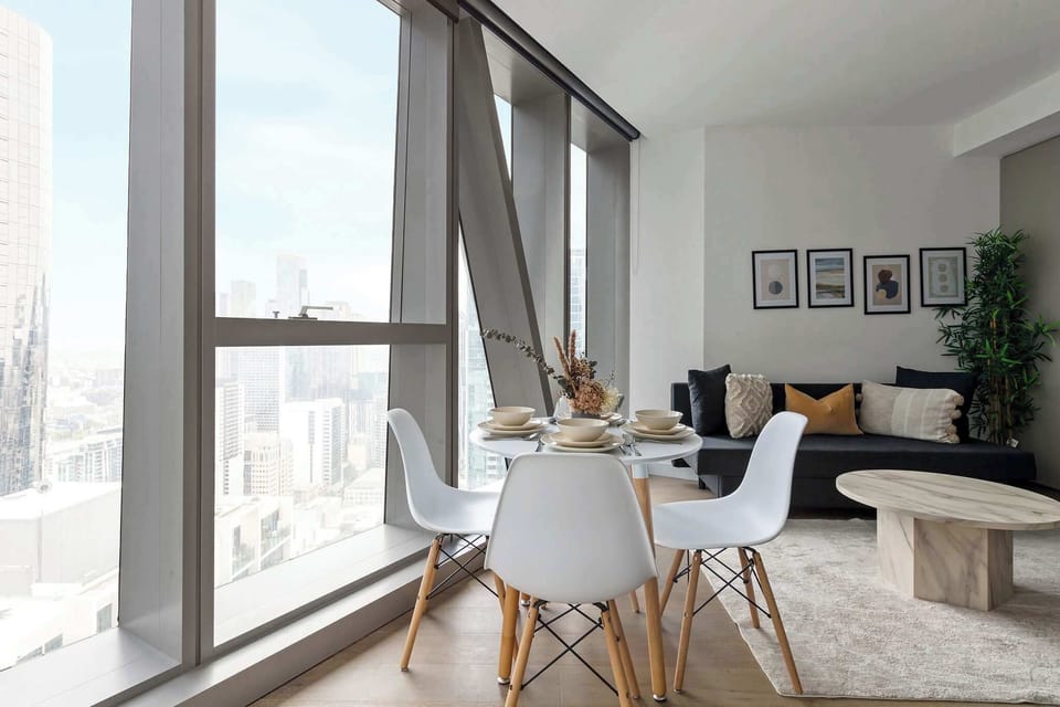 The dining area with a view of the city.