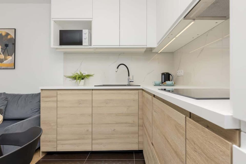 Kitchenette with induction hob, fridge with freezer, microwave oven, electric kettle and dining table