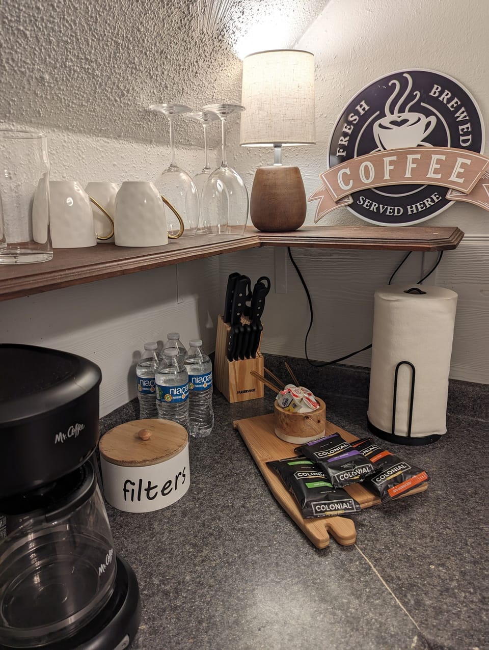 coffee, creamer, and sweeteners provided