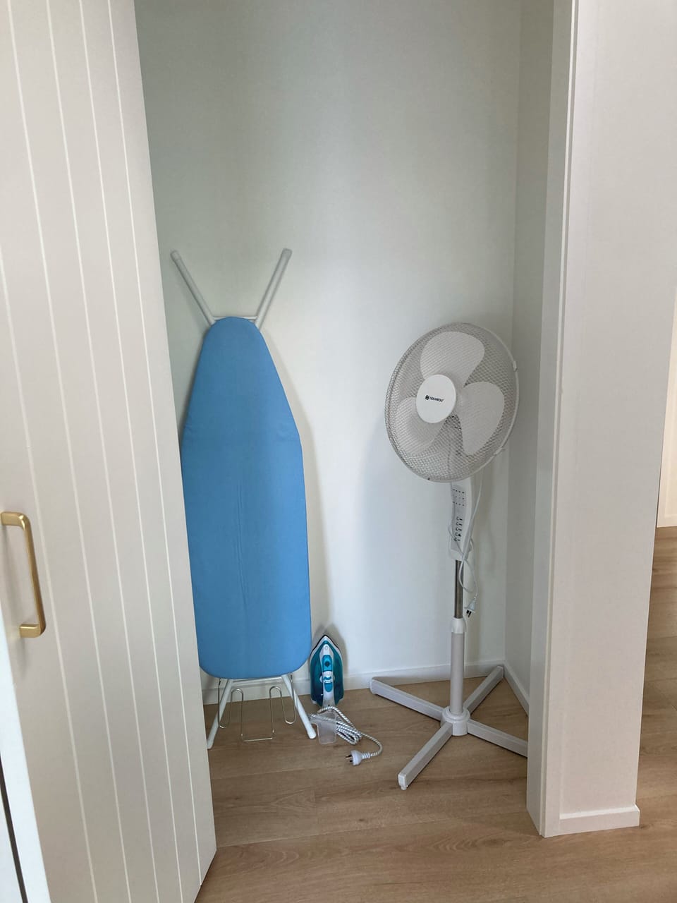 Hallway cupboard. Contains, iron & ironing board, fan, vacuum cleaner, heater.