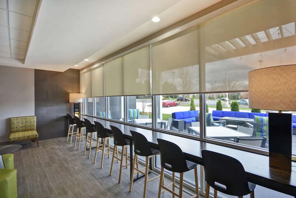 Sip coffee and plug in along the sunlit window counter.