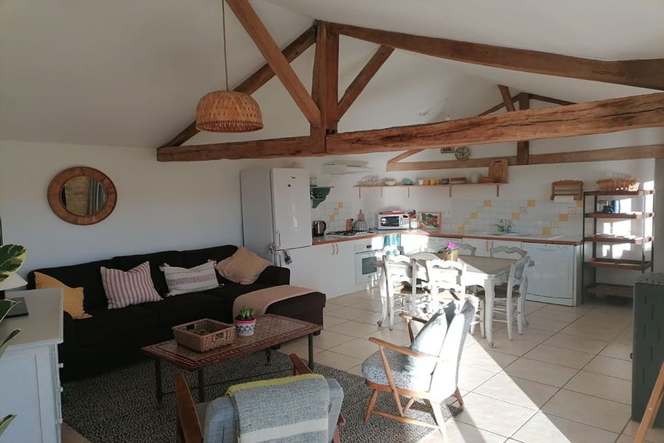 open plan kitchen,  living and dining area with pellet burner.