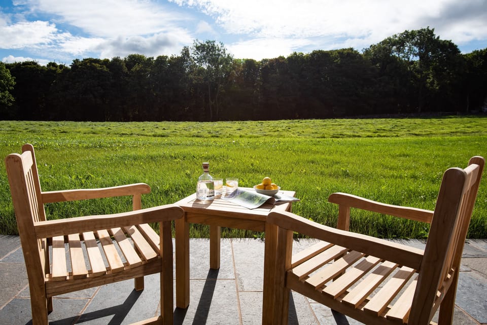 Papple Steading - Shepherd's Bothy - the terrace overlooks a large grass paddock