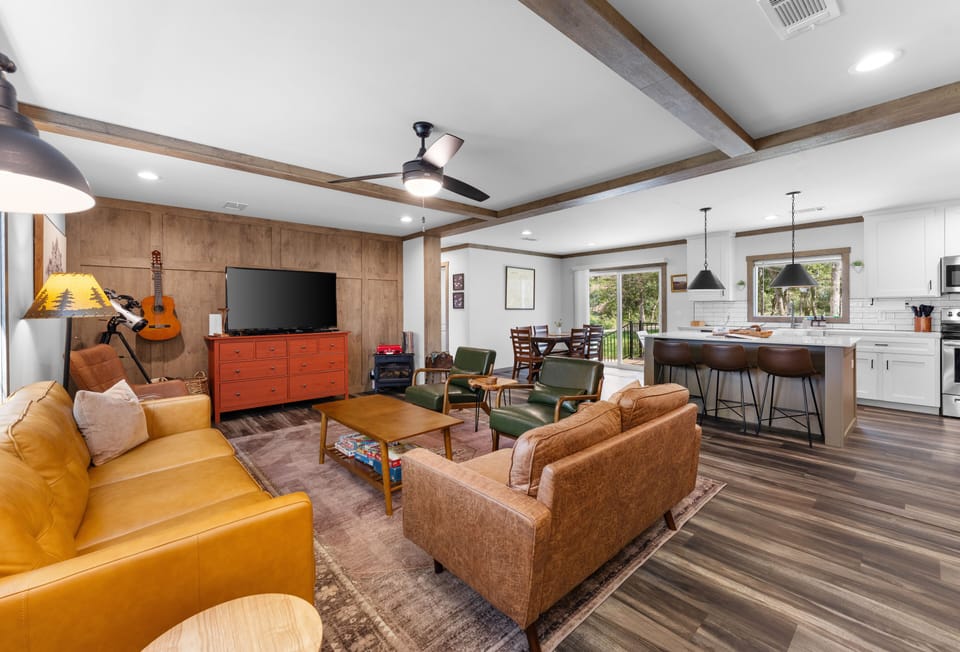 Comfortable couches, board and card games, and more in the living area