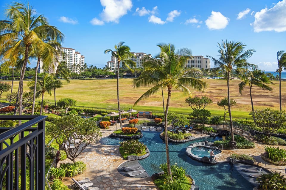Stunning resort pool surrounded by swaying palms and golf course views under tropical blue skies.