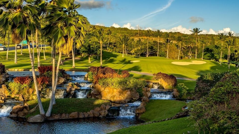 Golf greens and water features run the grounds a short drive from home.