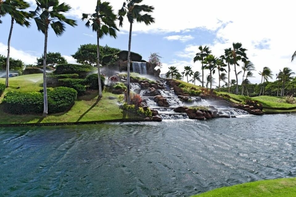 Tropical waterfalls and lush landscaping welcome you into the beautiful Ko Olina resort community.