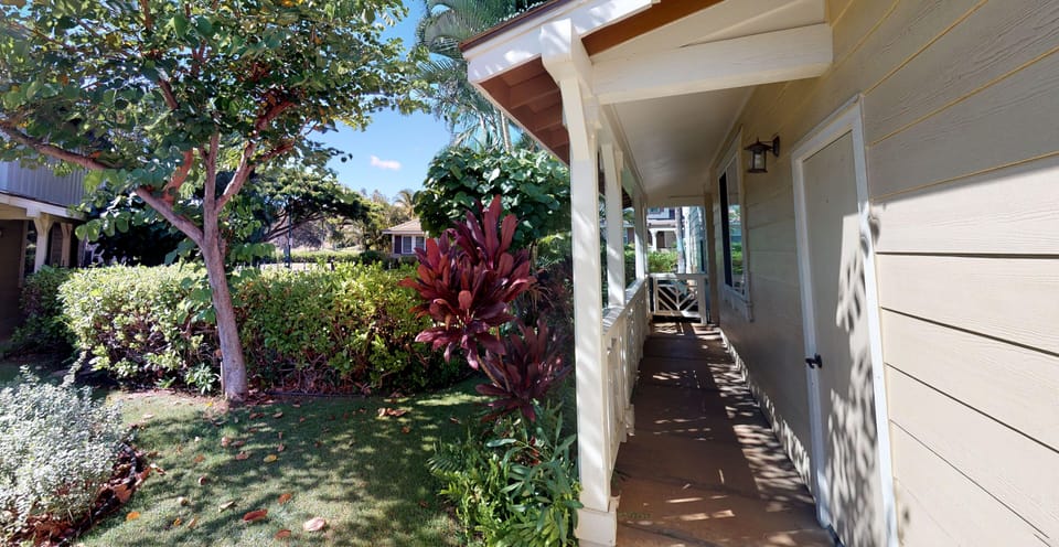 The sun dappled trees surrounding the entrance to the home.