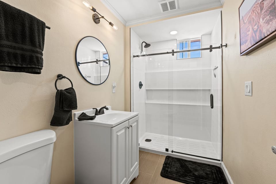Walk-in shower in newly remodeled bathroom.