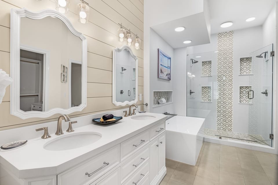 Master bath has large walk-in shower with double shower heads