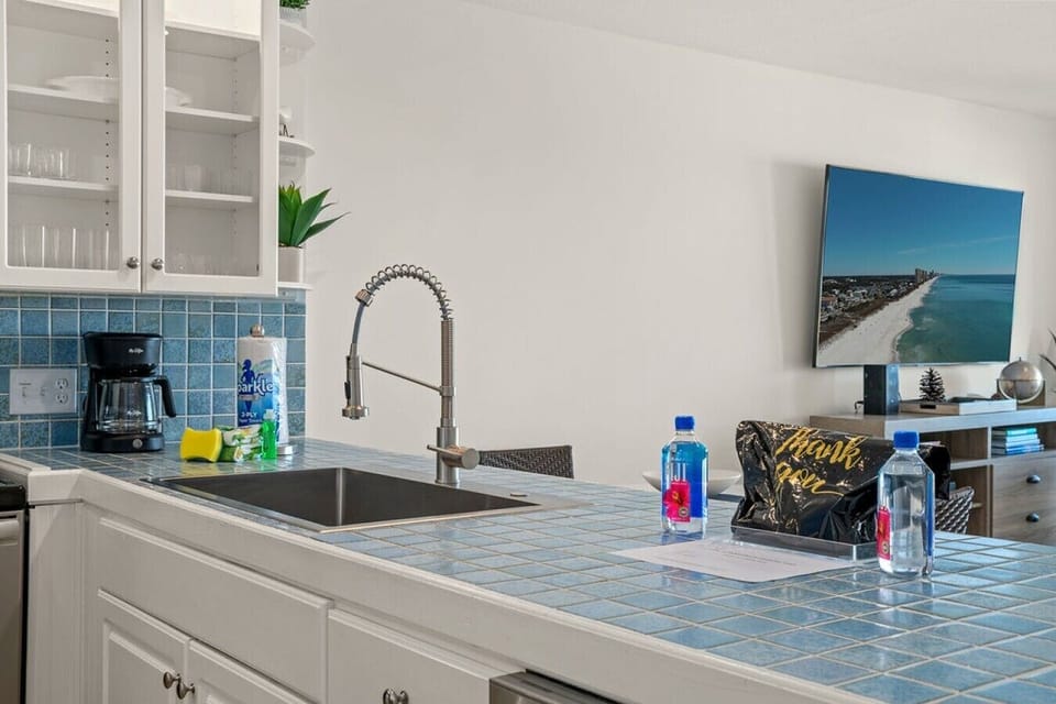 Kitchen with starter set of dish soap and paper towels
