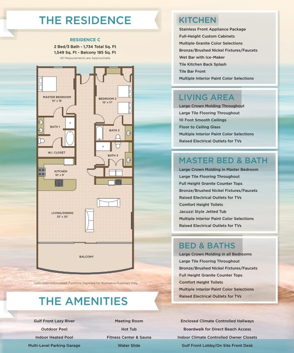 Explore this spacious 2 bedroom layout with 3 baths, laundry closet, and balcony on the beach