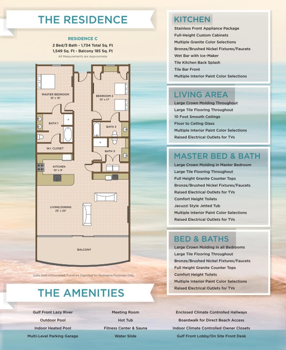 Explore this spacious 2 bedroom layout with 3 baths, laundry closet, and balcony on the beach