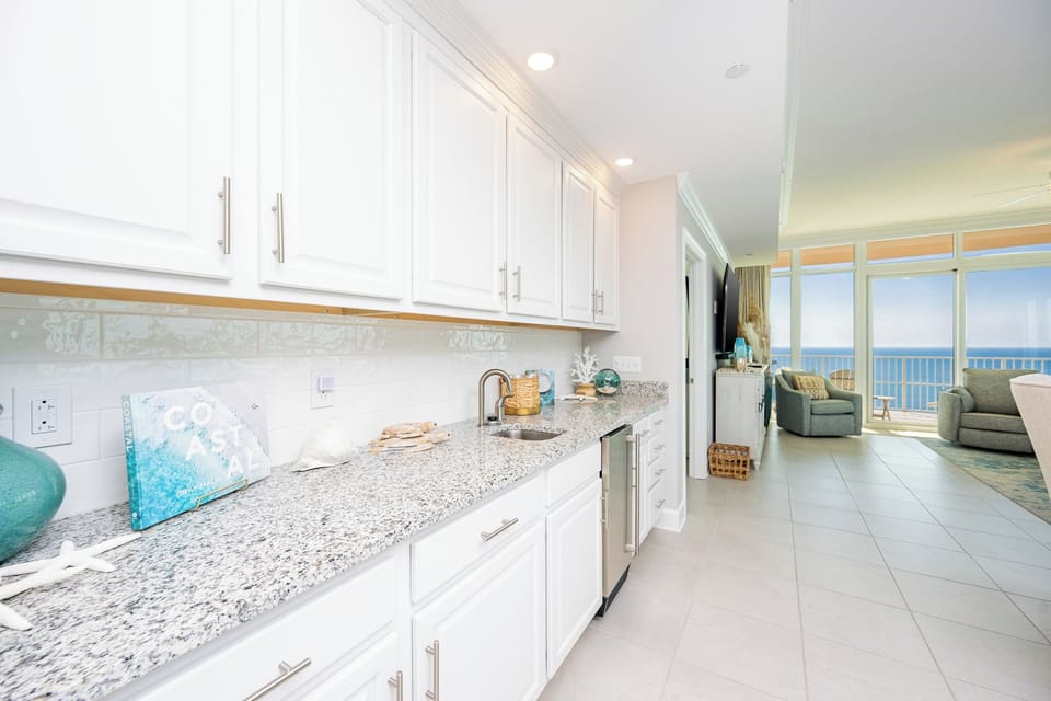 Grab a chilled drink from the fridge or create your favorite cocktail at the wet bar