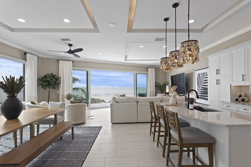 Open-concept kitchen, living, and dining space. 