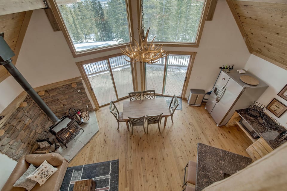 areal view of living room and kitchen