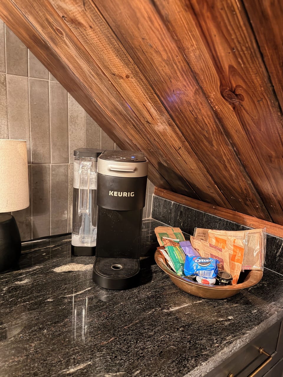 Snacks, popcorn, and coffee pods in the drawer for your convenience