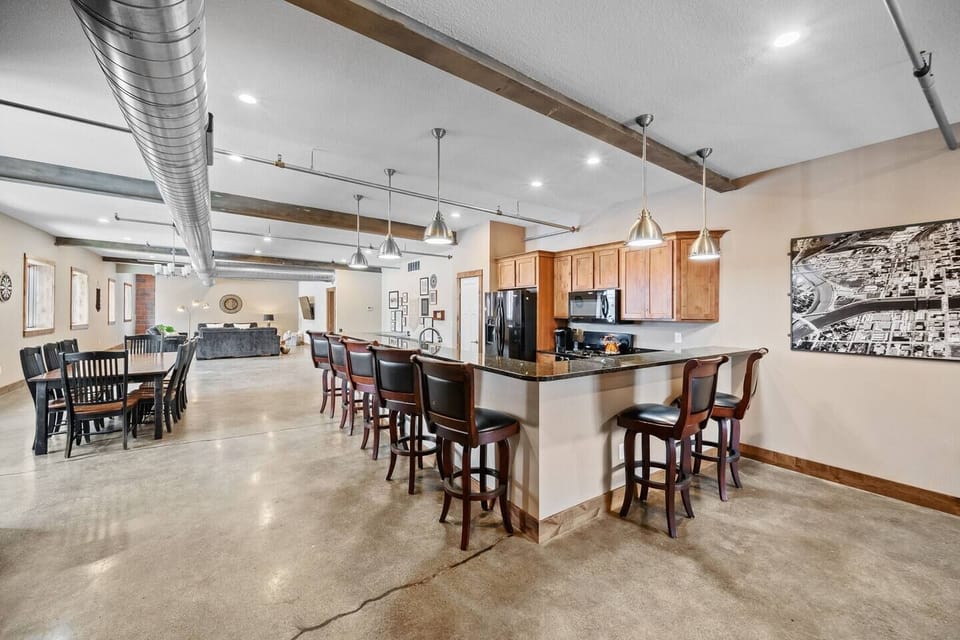 Another view of the kitchen and dining area.