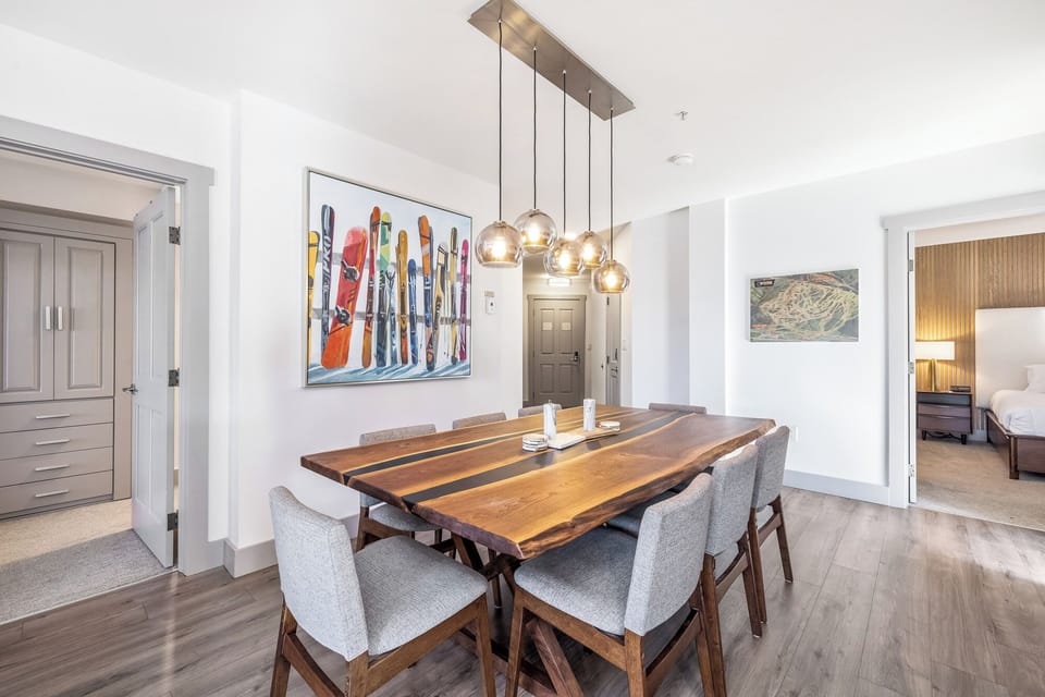 Dining room table and chandelier and globe chandelier  (seats 10)