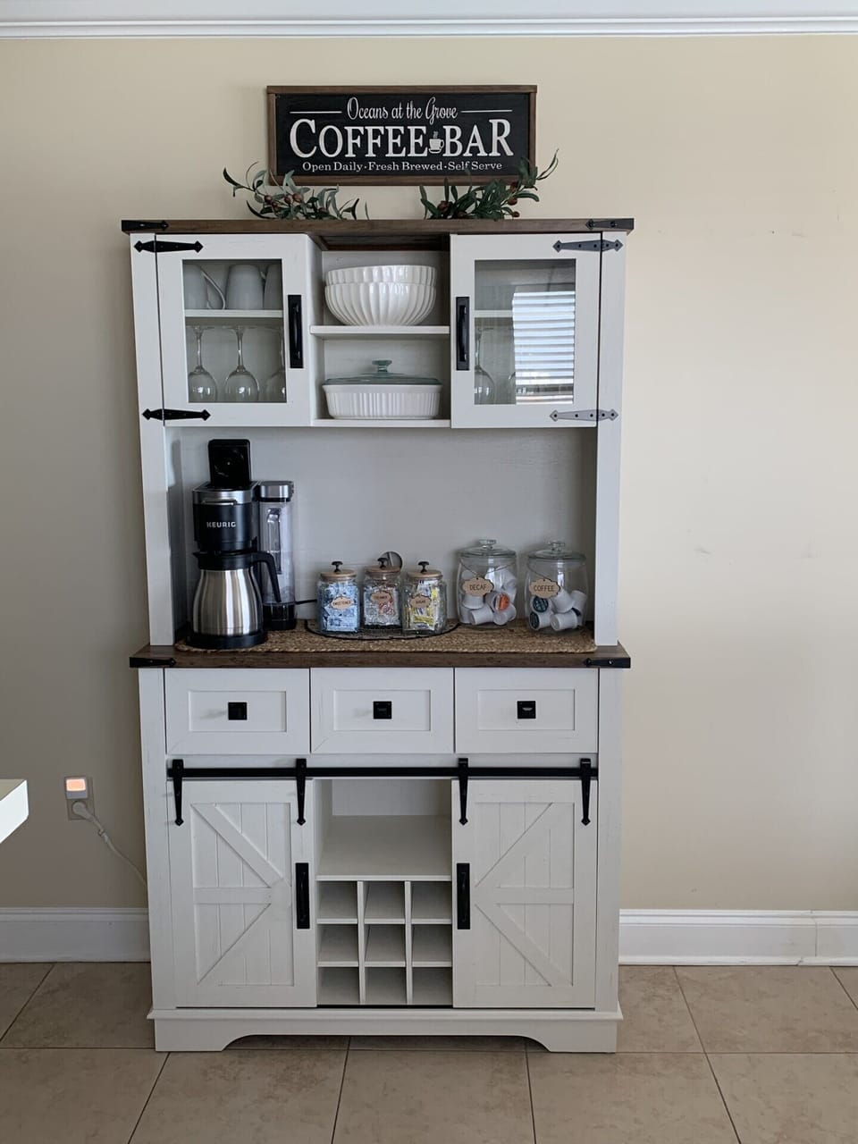 Enjoy our complimentary coffee bar that has both decaf and regular k-cups, creamer, sugar and sweetener. Stainless steel coffee pot also available to brew a full pot.  Coffee filters are in the drawer. ENJOY