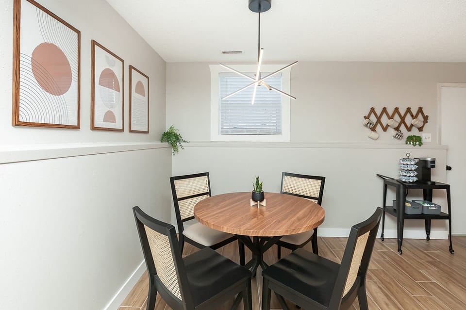 Fun modern dining space for 4 off kitchen for meals in.