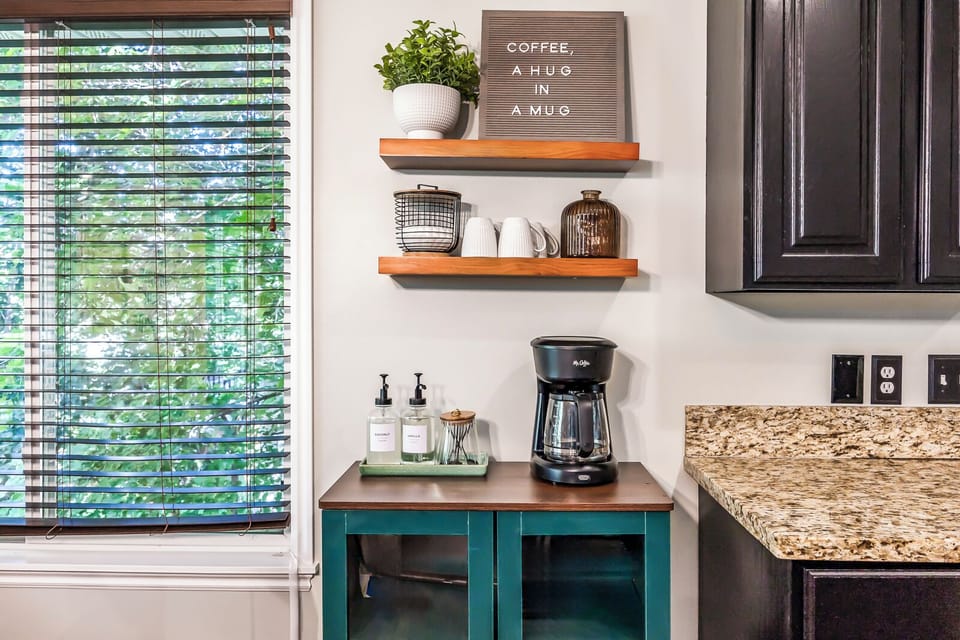 Our coffee station comes with a drip coffee maker, soon to be a Keurig with pods