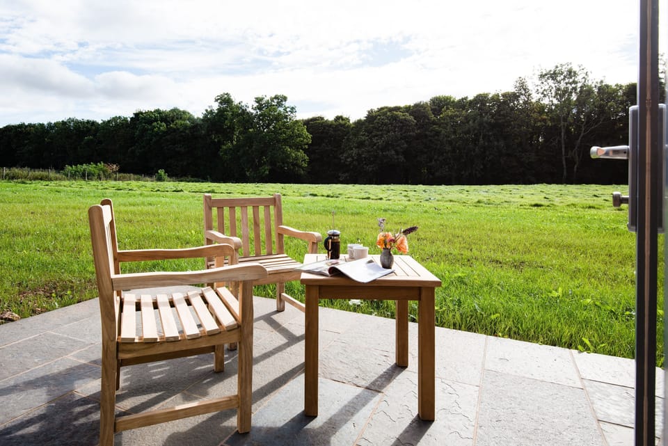 Papple Steading - Ploughman's Bothy - the terrace overlooks a large grass paddock
