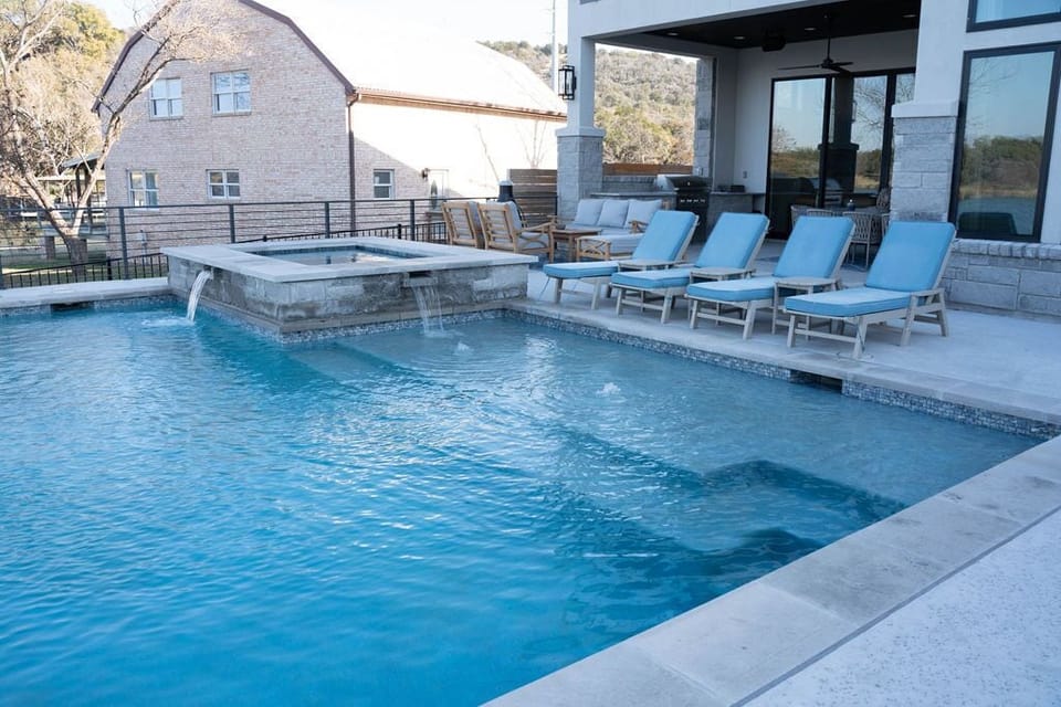 Sun loungers and pool.