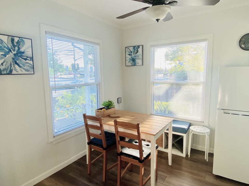 Dining room table seats up to 6. The bench seat is our personal favorite.