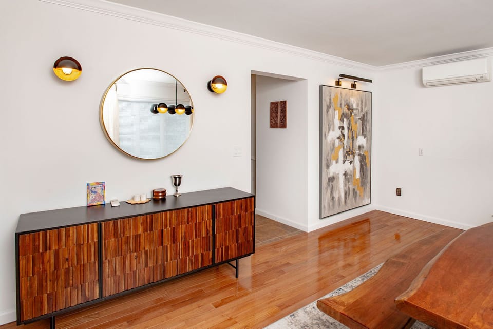 Beautiful dining room with live edge wooden table.