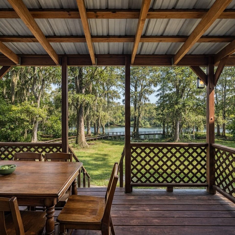 The deck features a dining table