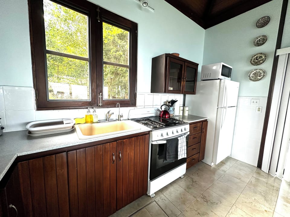 Kitchen with gas stove, fridge, and microwave. 