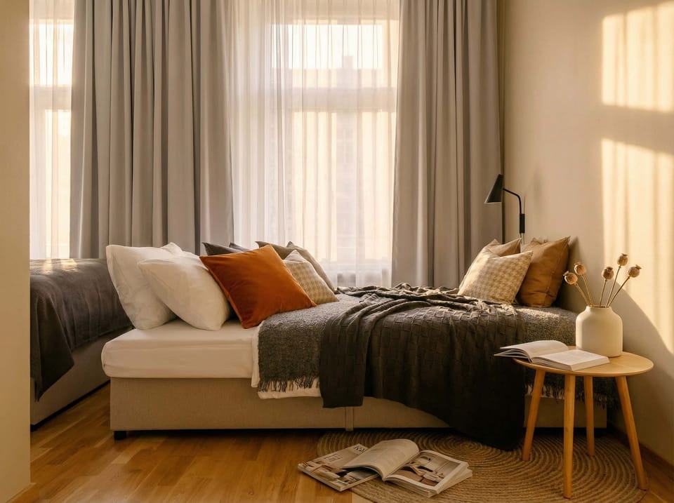 Sofa bed prepared for sleeping
