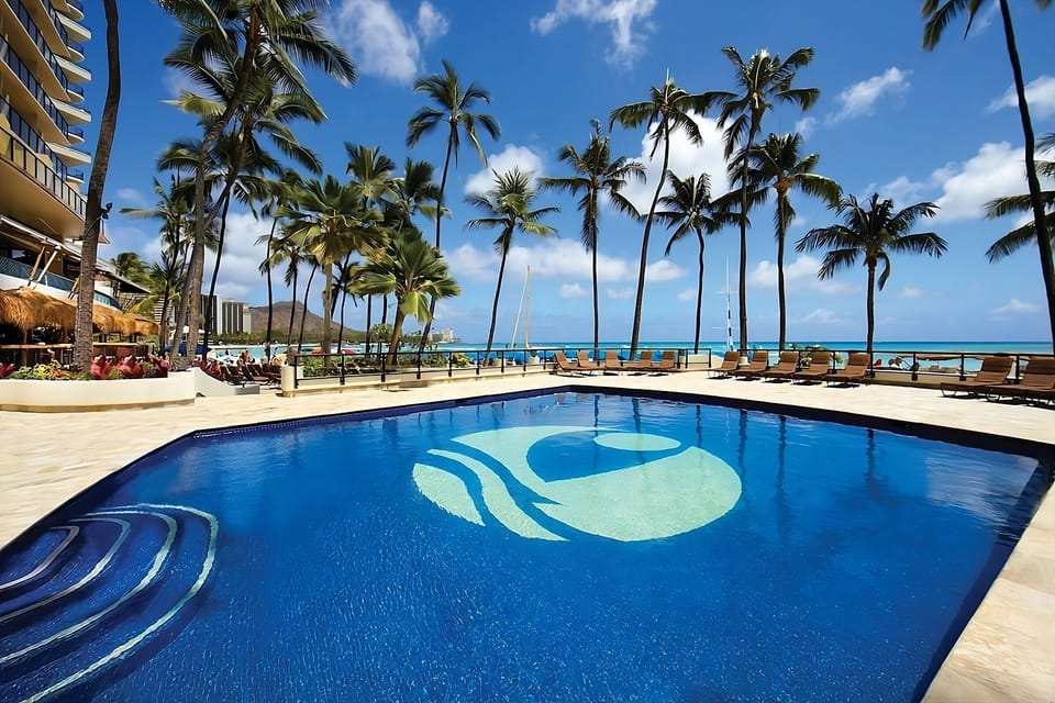Dive into a sparkling beachfront pool beneath swaying palms.
