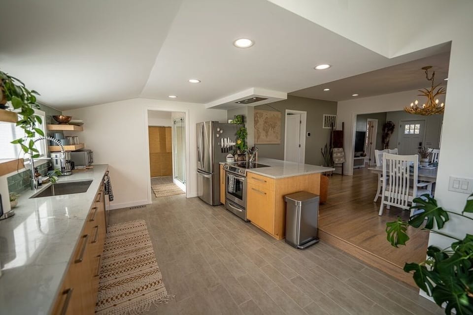 Step down into the kitchen and bathroom - lots of space to enjoy making meals