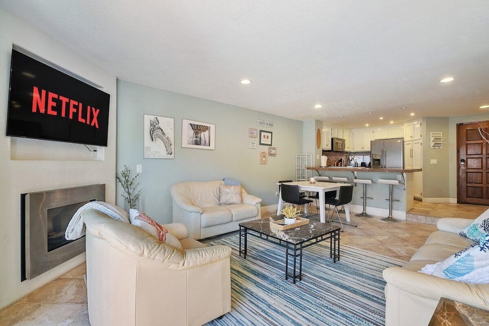 Living room (TV, indoor fireplace, portable AC, dining table)