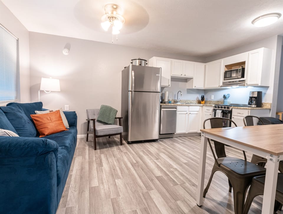 Kitchen, dining, and living area