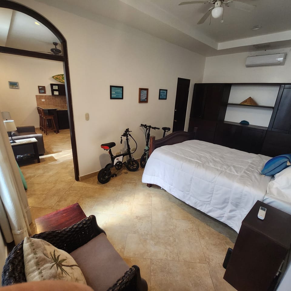Large bedroom with built in shelves and storage.