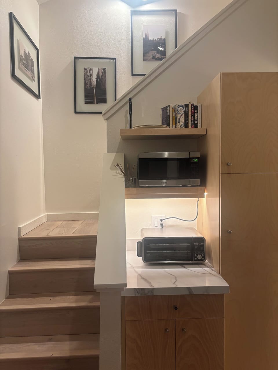 Microwave and toaster oven.  Full size oven, cook top and dishwasher.  Ice-maker