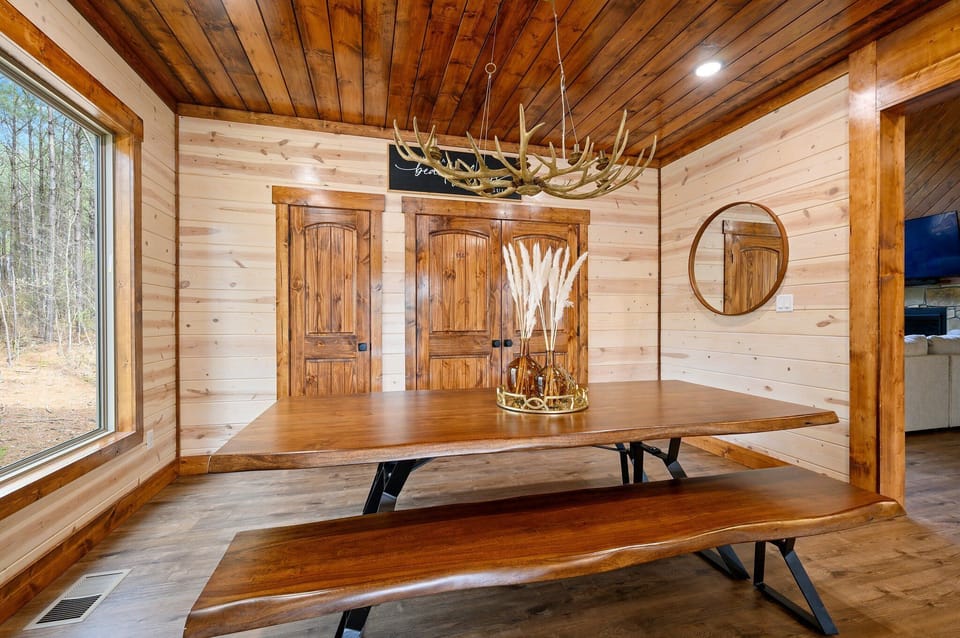 The formal dining table seats 10. 