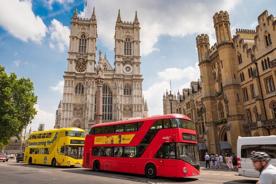 London red bus near Westminster Abbey